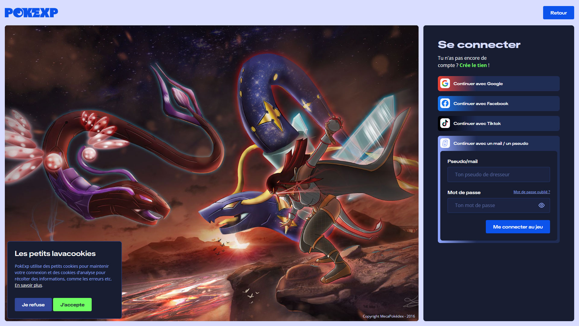 Interface authentification de pokexp, fangame pokémon, sur mesure PHP