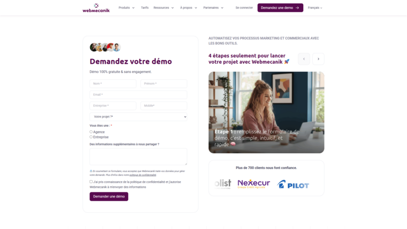 Page de contact, avec formulaire remonté de leur CRM