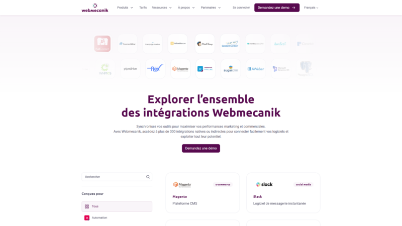 Page de listing des intégrations : custom type