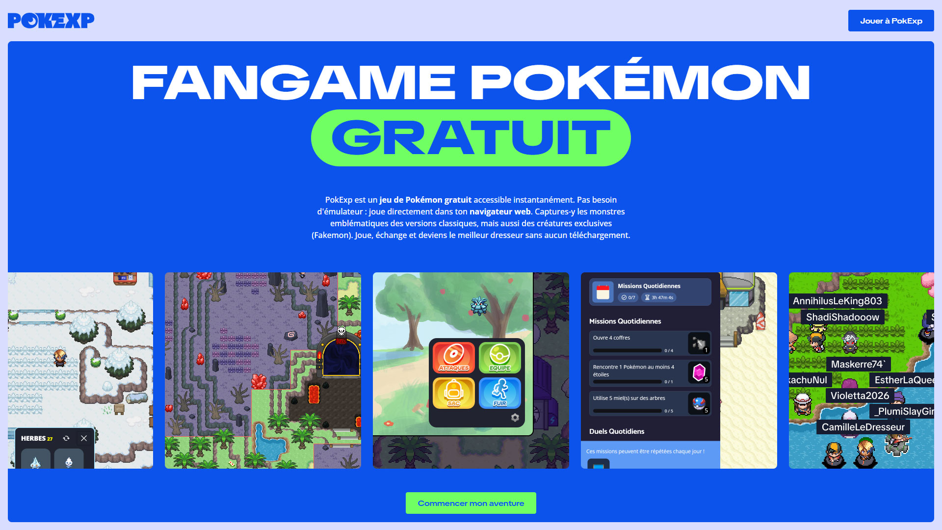 contenu galerie de la landing de pokexp, fangame pokémon, sur mesure PHP
