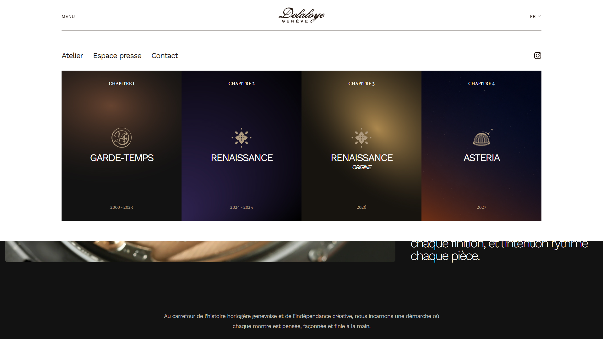 Menu présentant les différentes collections